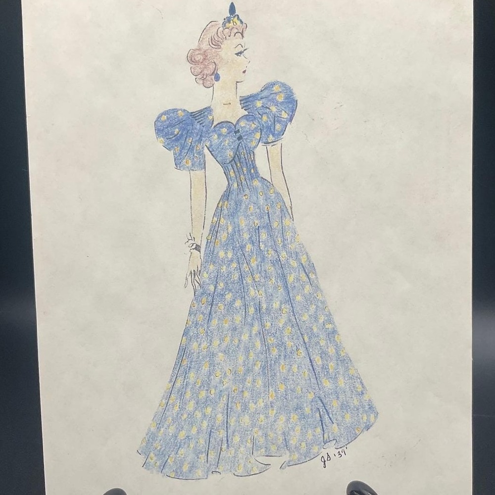 Original 1939 Hand Drawn Fashion Illustration In Blue Polka Dot Puff Sleeve Gown